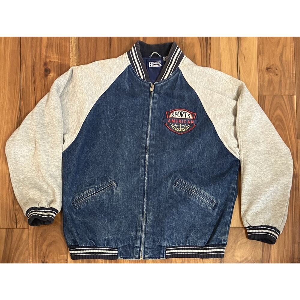 Vintage Honors Sport Jacket Mens Medium Blue Varsity Denim Bomber YKK American
